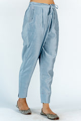 Chanderi Narrow Pant With Drawstring - Slate Blue