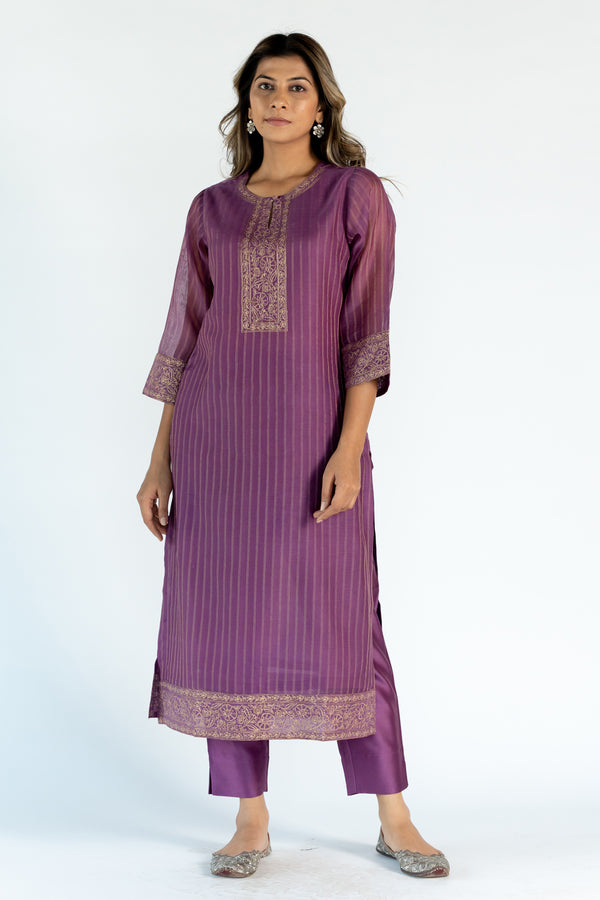 Chanderi Round Neck Straight Kurta With Machine Embroidery  - Purple