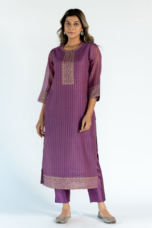 Chanderi Round Neck Straight Kurta With Machine Embroidery  - Purple