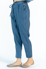 Chanderi Narrow Pant With Drawstring -Navy Blue