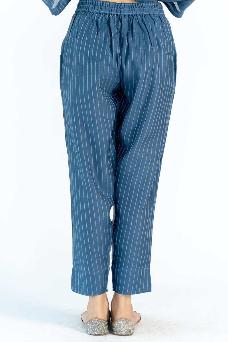 Chanderi Narrow Pant With Drawstring -Navy Blue