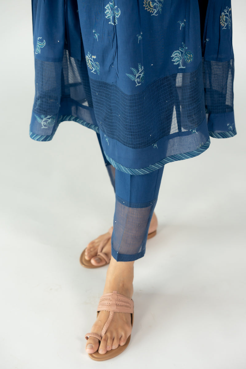 Cotton Parallel Pant With Badla Hand Work  - Indigo