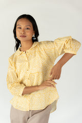 Cotton Hand Block Printed Embroidered Shirt With White Slip - Yellow