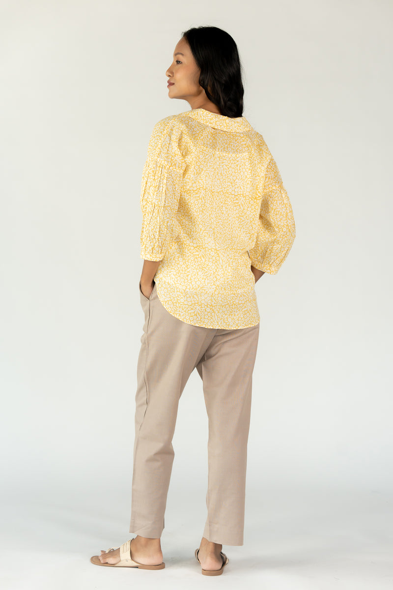 Cotton Hand Block Printed Embroidered Shirt With White Slip - Yellow