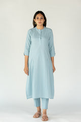 Cotton Mul Regular Fit A Line  Kurta With Mandarin Collar - Sky Blue