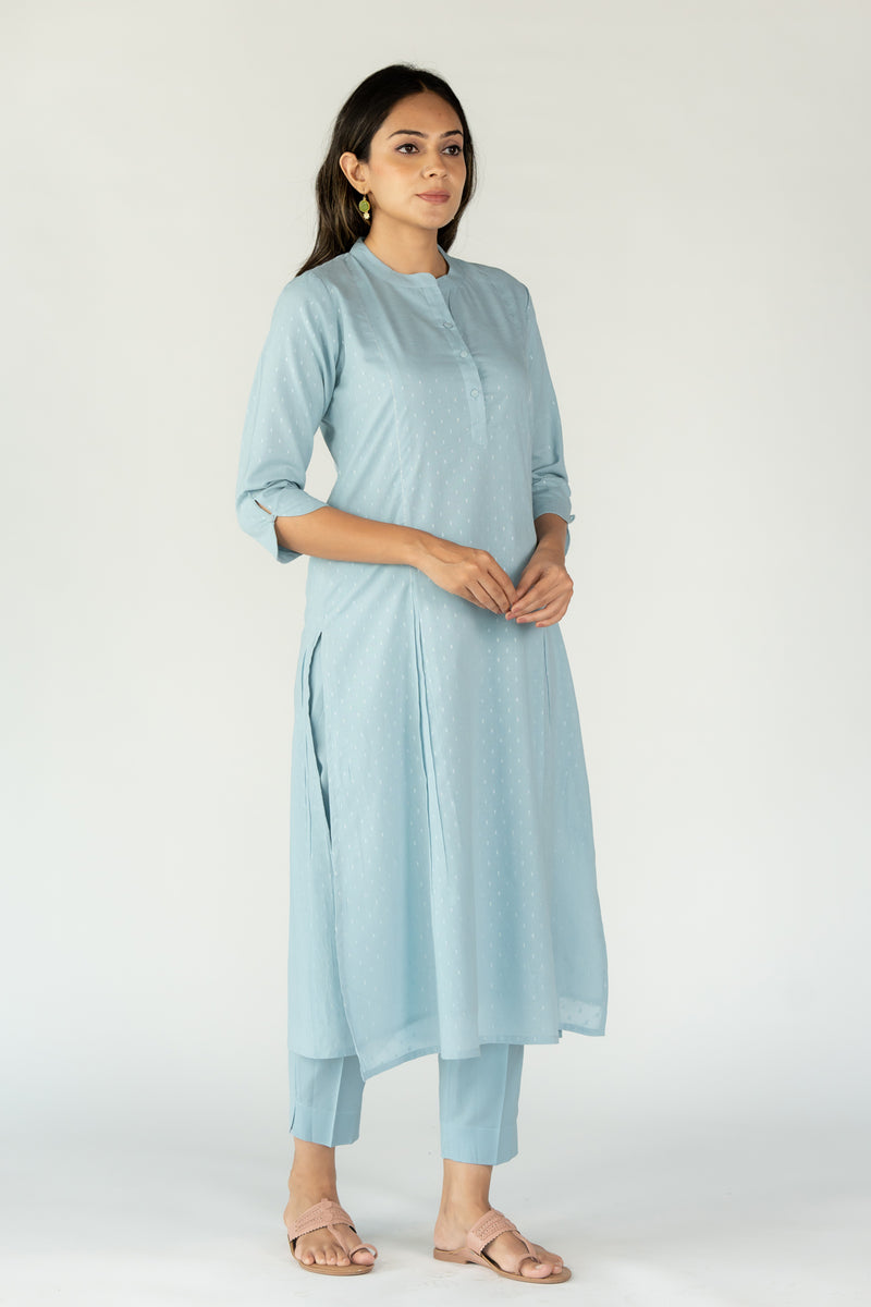 Cotton Mul Regular Fit A Line  Kurta With Mandarin Collar - Sky Blue