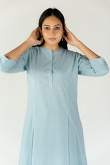 Cotton Mul Regular Fit A Line  Kurta With Mandarin Collar - Sky Blue