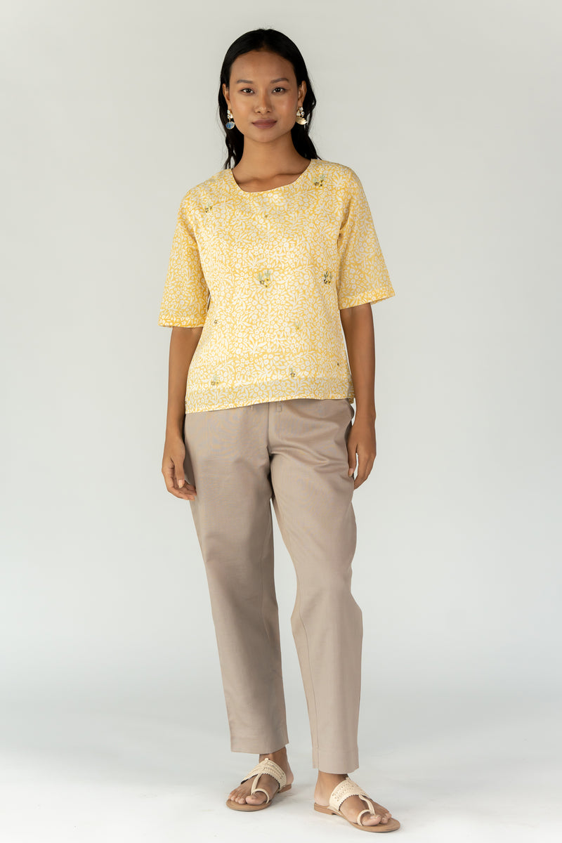 Cotton Hand Block Printed Embroidered Top With White Slip - Yellow