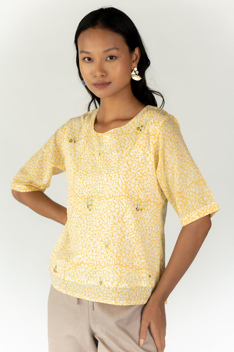 Cotton Hand Block Printed Embroidered Top With White Slip - Yellow