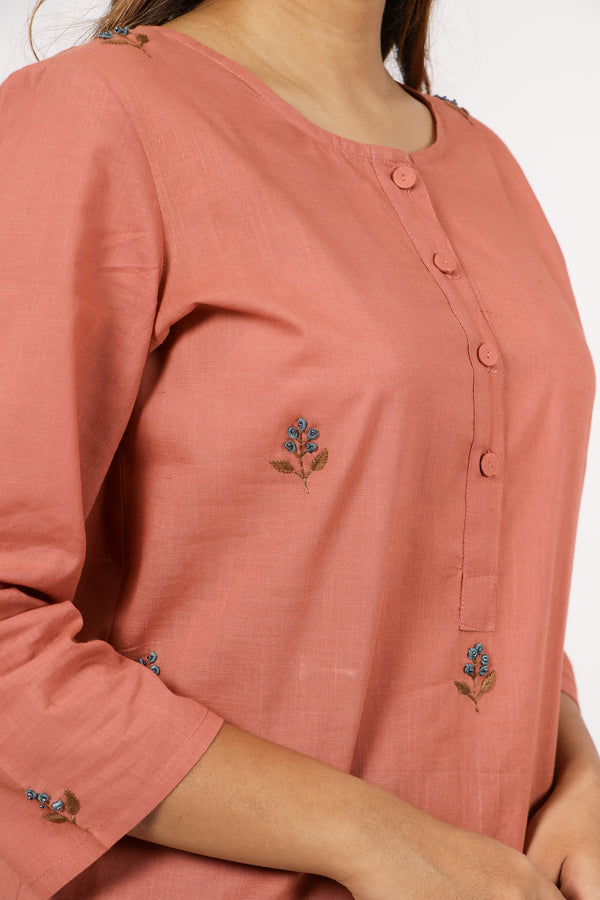 Cotton Slub Aari Embroidered Straight Kurta - Rust