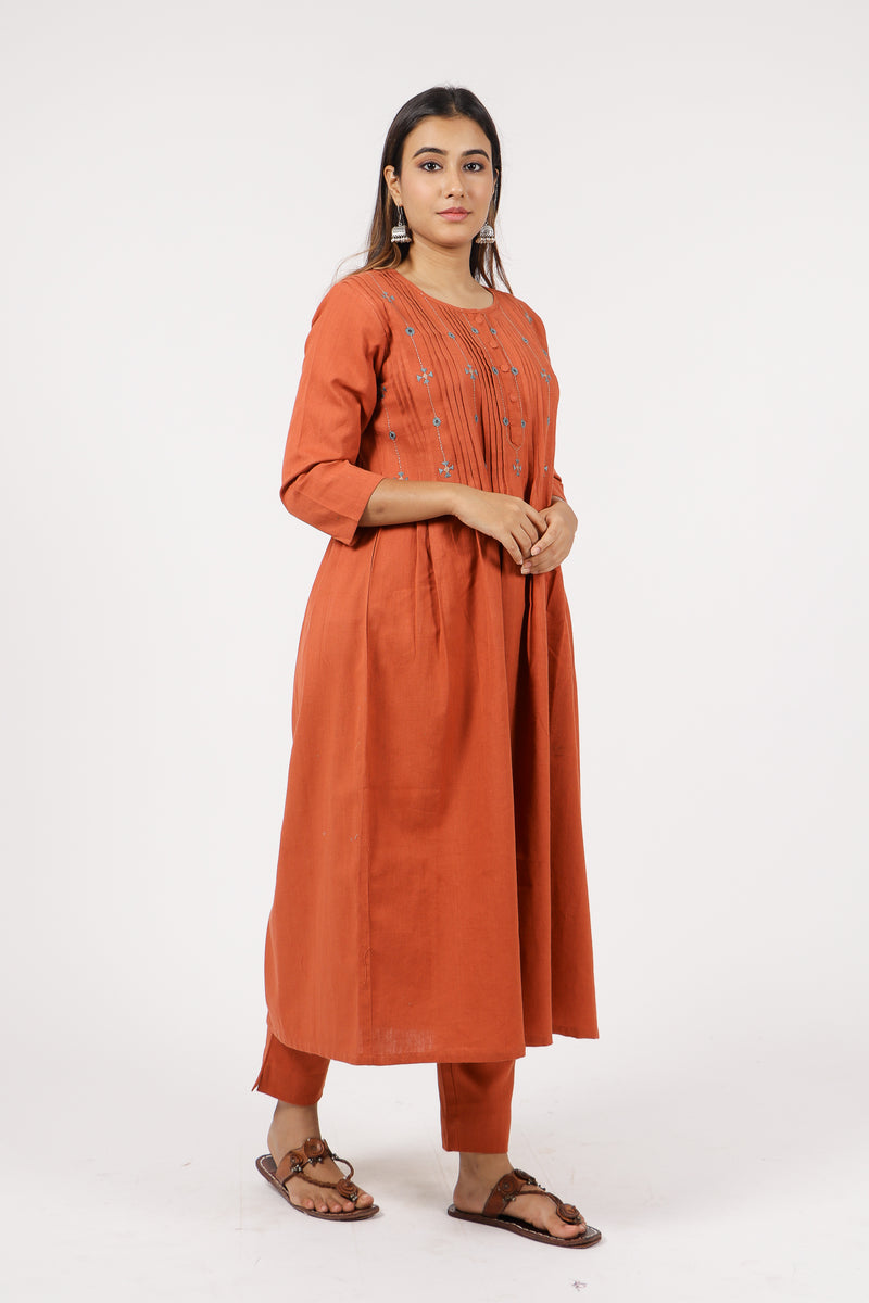 Cotton Flex Aari Embroidered A Line Kurta With Pin Tuck - Orange