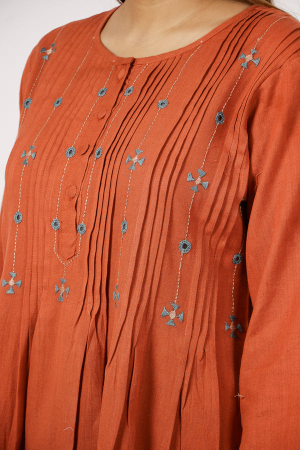 Cotton Flex Aari Embroidered A Line Kurta With Pin Tuck - Orange