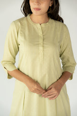 Cotton Mul Regular Fit A Line Kurta With Mandarin Collar - Pista Green