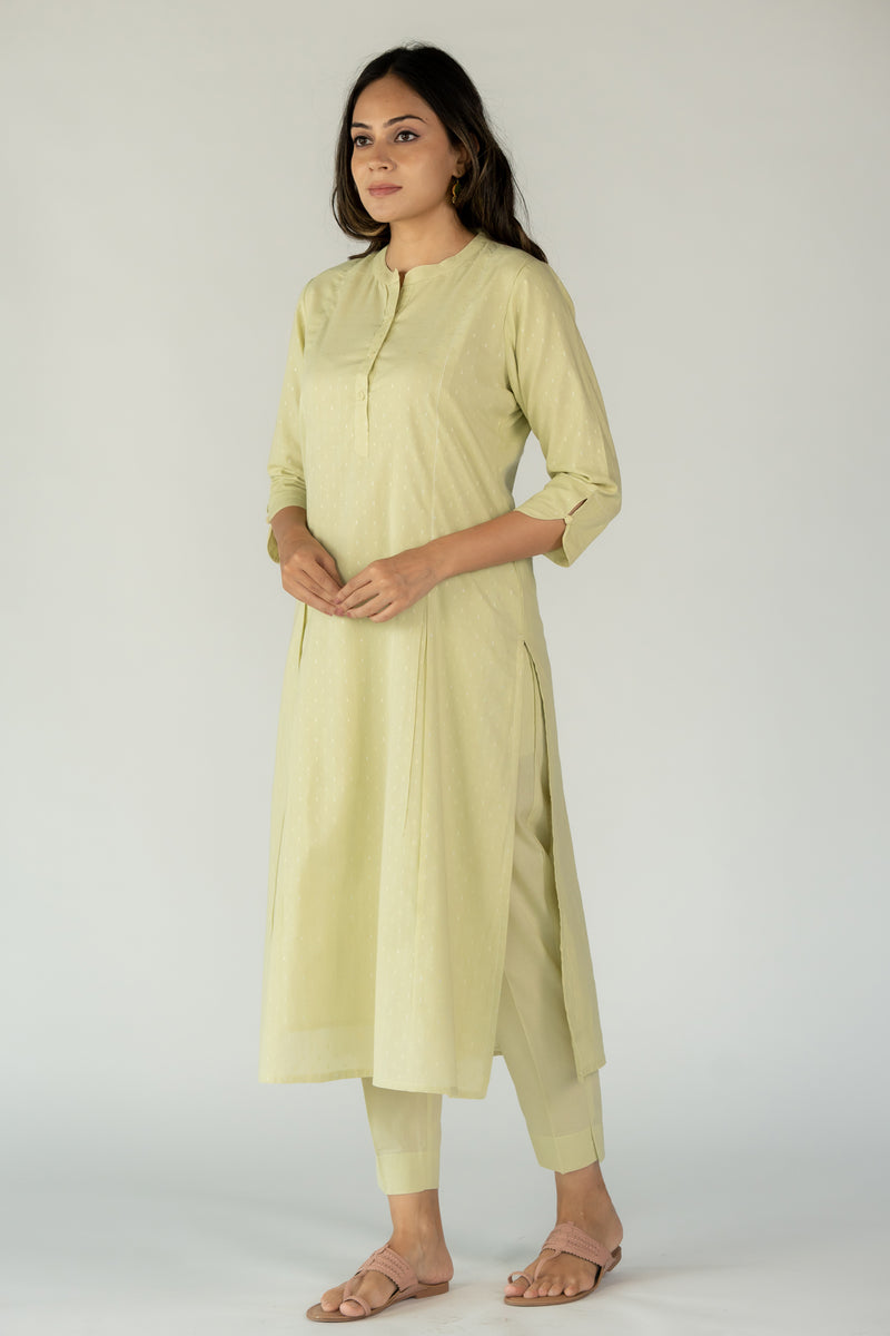 Cotton Mul Regular Fit A Line Kurta With Mandarin Collar - Pista Green