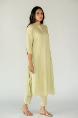 Cotton Mul Regular Fit A Line Kurta With Mandarin Collar - Pista Green