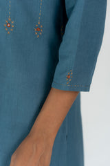 Cotton Flex Hand Embroidered Kurta With Round Neck - Blue
