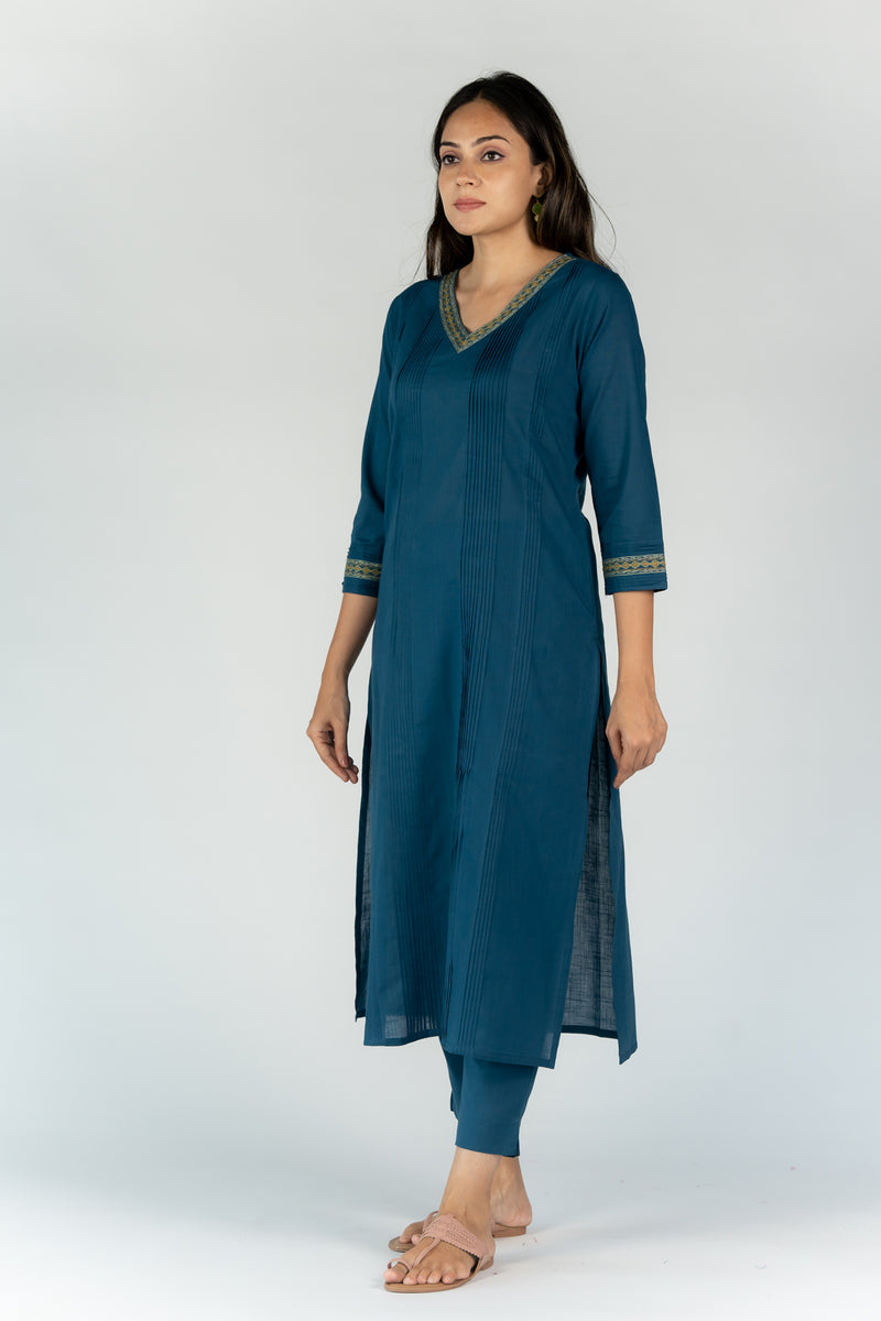 Cotton Flex Aari Embroidered A Line Kurta - Navy Blue