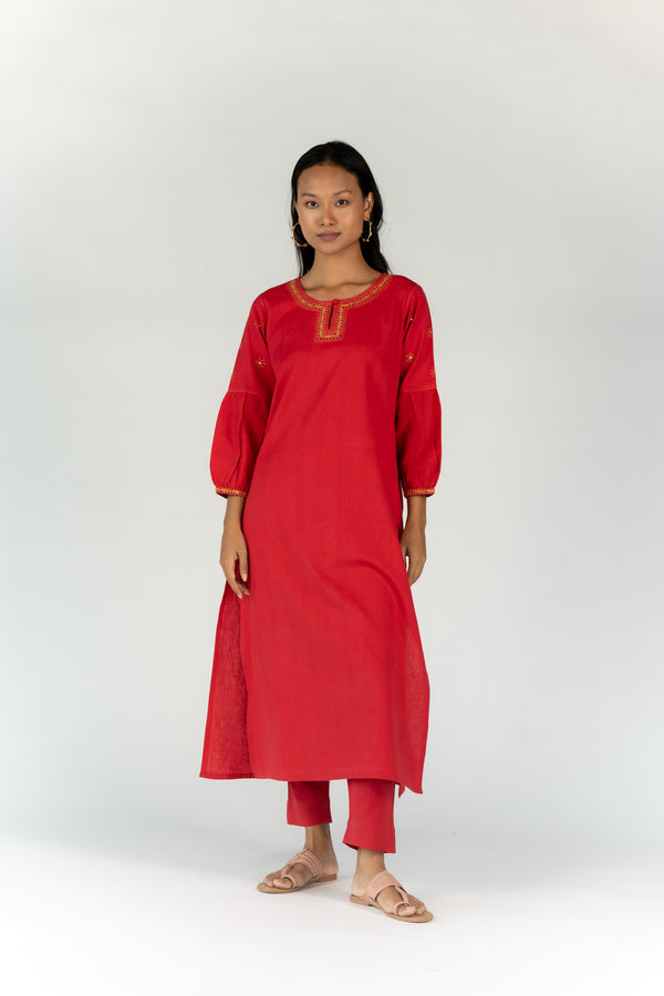 Cotton Flex Hand Embroidered Kurta With Gathered Sleeves - Red