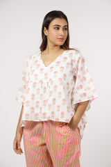 Cotton Hand Block Printed Short Kaftan - White