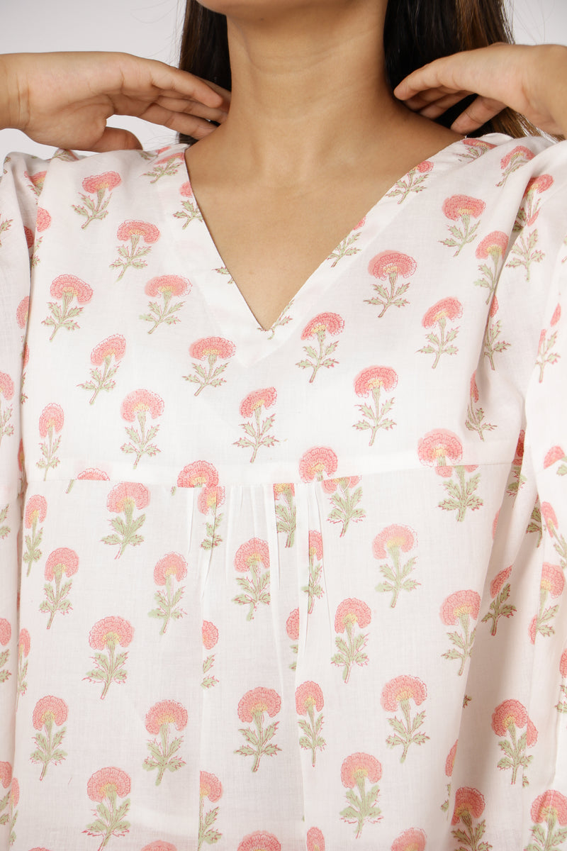 Cotton Hand Block Printed Short Kaftan - White