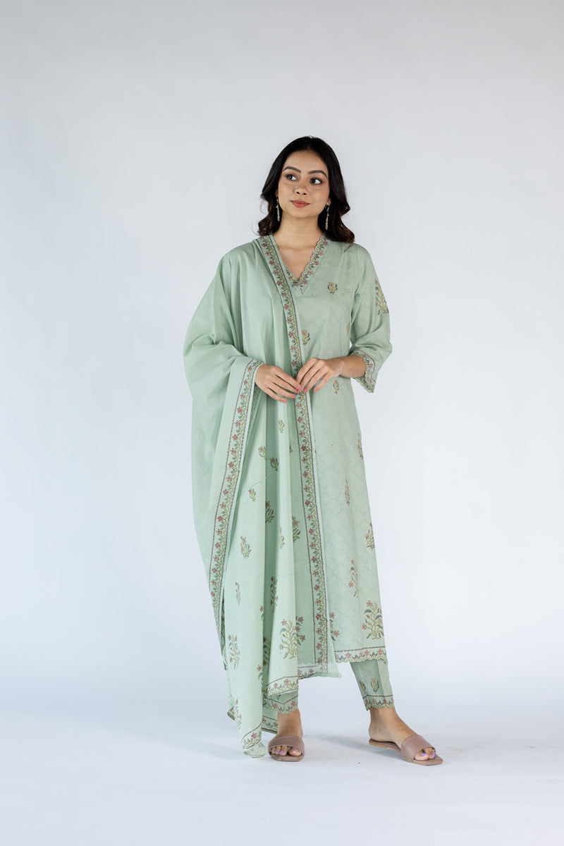 Mul Block Printed Dupatta-Pista Green