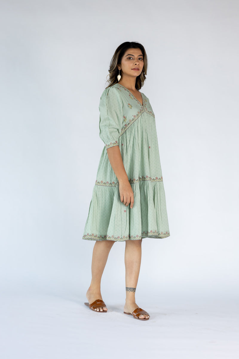 Cotton Hand Block Printed Dress - Pista Green