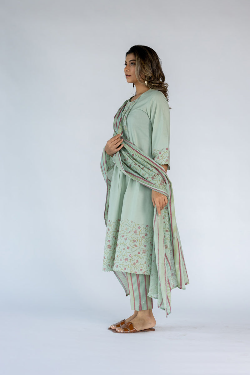 Cotton Hand Block Printed Straight Kurta - Pista Green