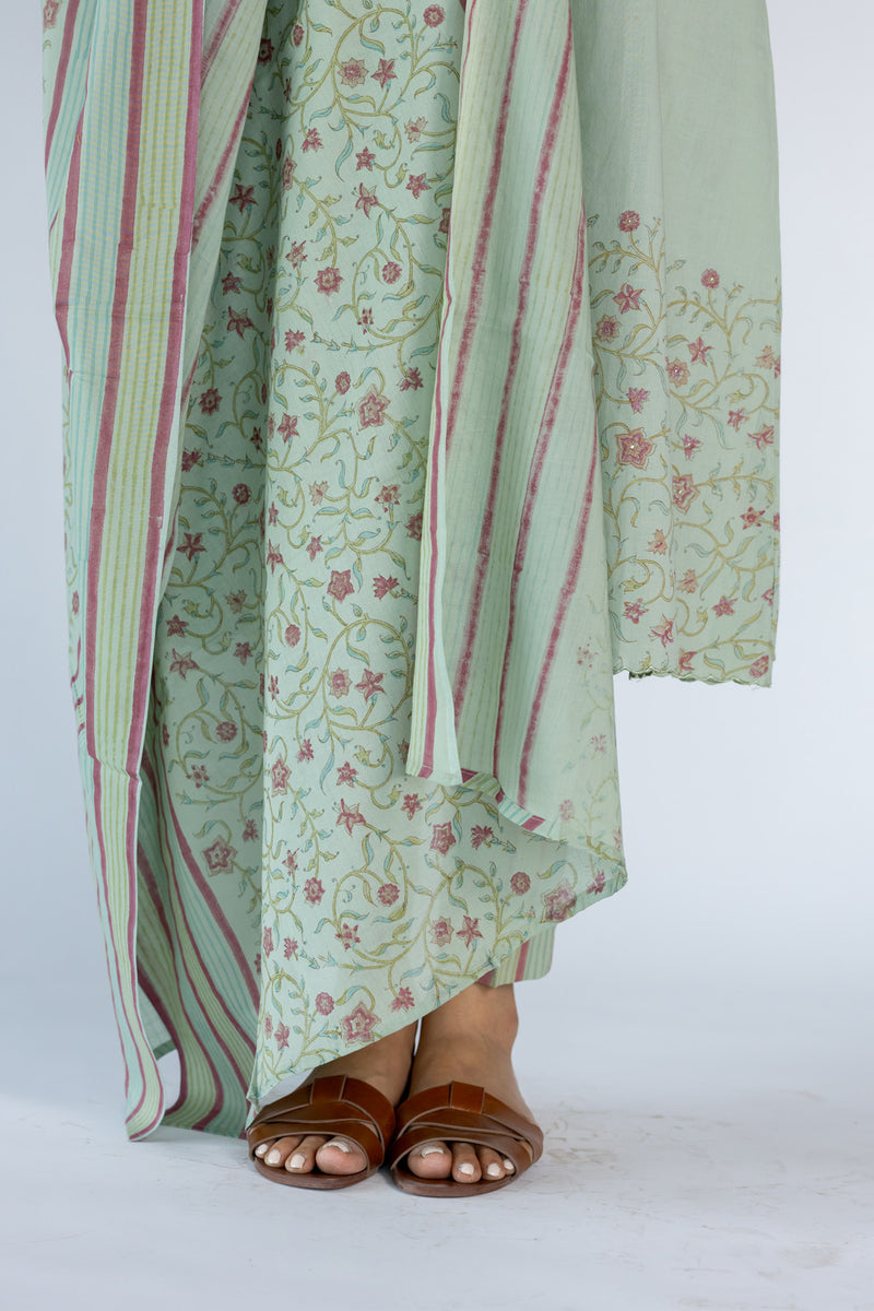 Mul Block Printed Dupatta-Pista Green