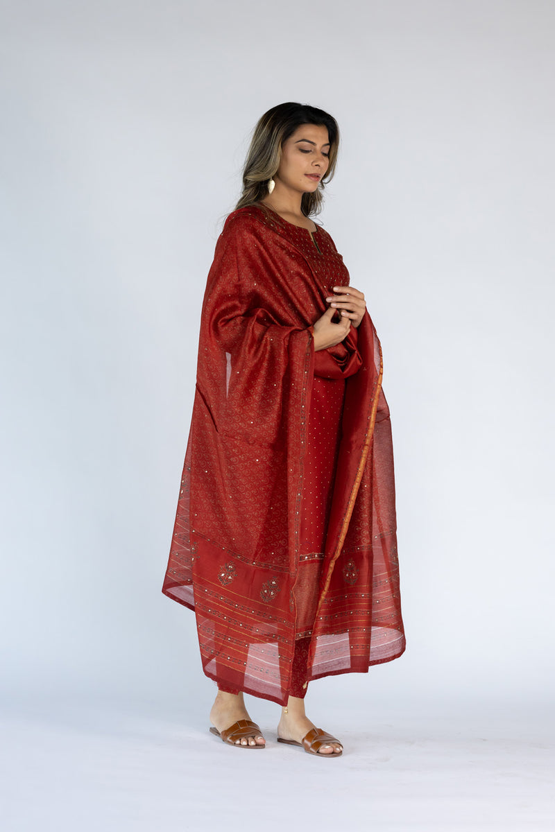 Chanderi Hand Block Printed Dupatta with Embellishments - Red