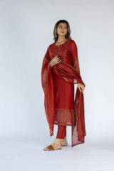 Chanderi Hand Block Printed Kurta With Sequins Hand Work - Red
