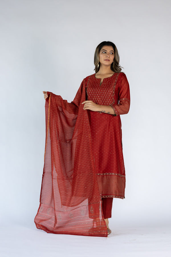 Chanderi Hand Block Printed Dupatta with Embellishments - Red
