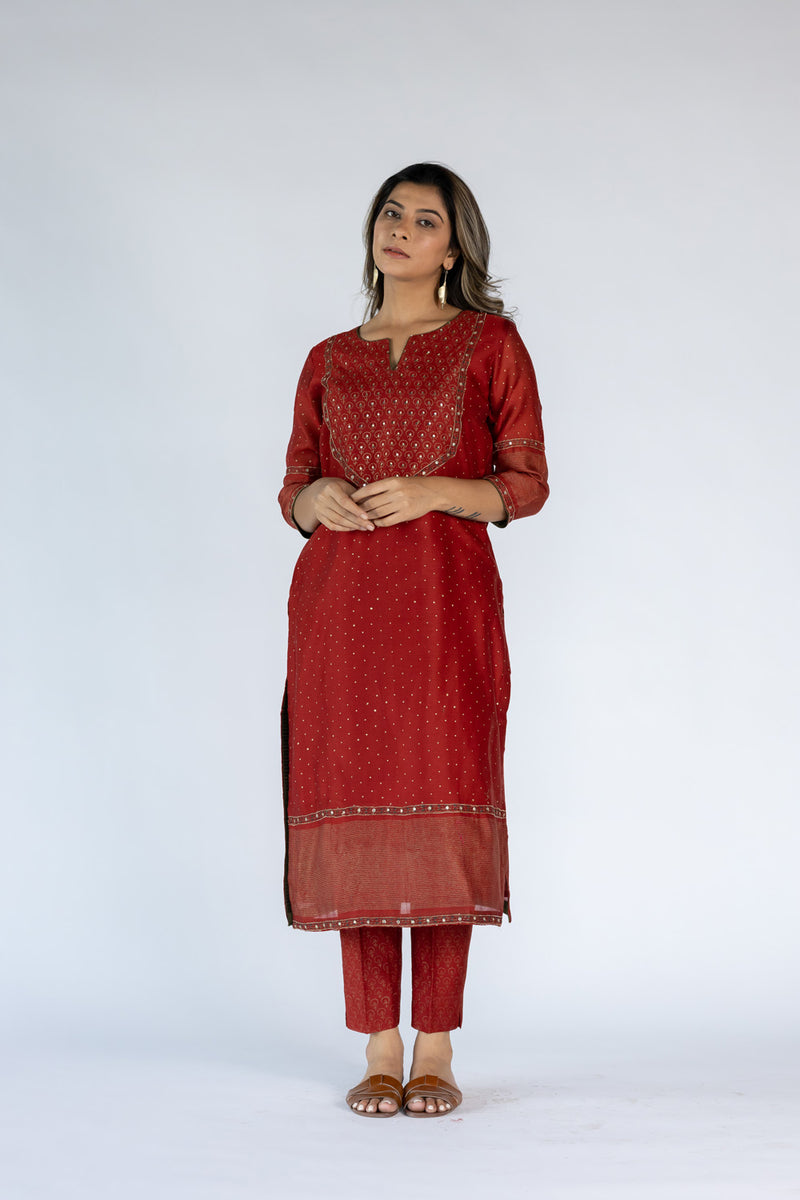 Chanderi Hand Block Printed Narrow Pant With Draw String Waist Band - Red