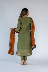 Chanderi Hand Block Printed Kurta With Sequins Hand Work - Olive Green