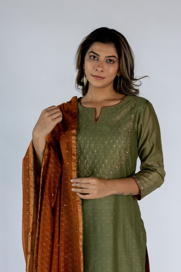 Chanderi Hand Block Printed Dupatta with Embellishments - Olive Green