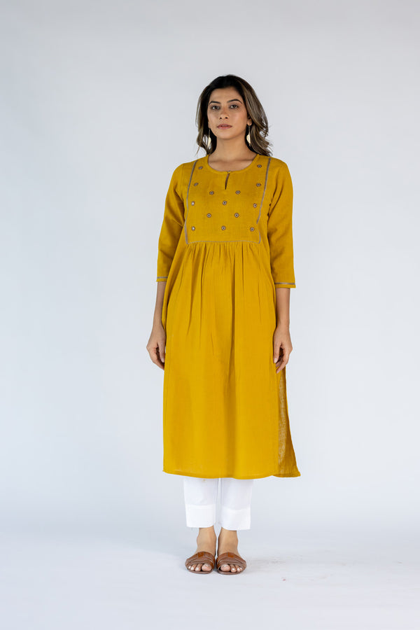 Cotton Hand Embroidered Kurta- Mustard Yellow