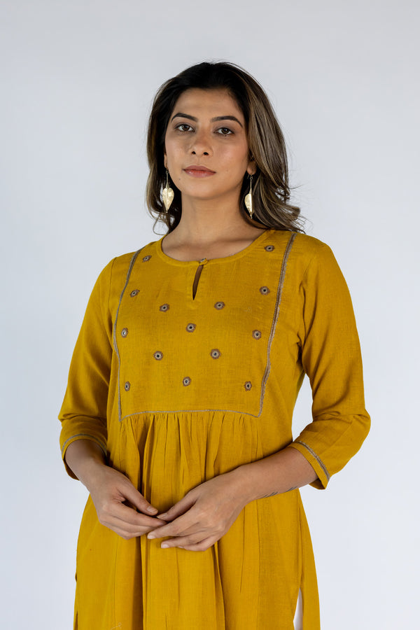 Cotton Hand Embroidered Kurta- Mustard Yellow