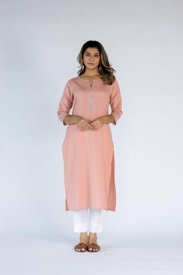 Cotton Hand Embroidered Kurta - Peach