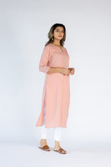 Cotton Hand Embroidered Kurta - Peach