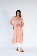 Cotton Hand Embroidered Kurta - Peach