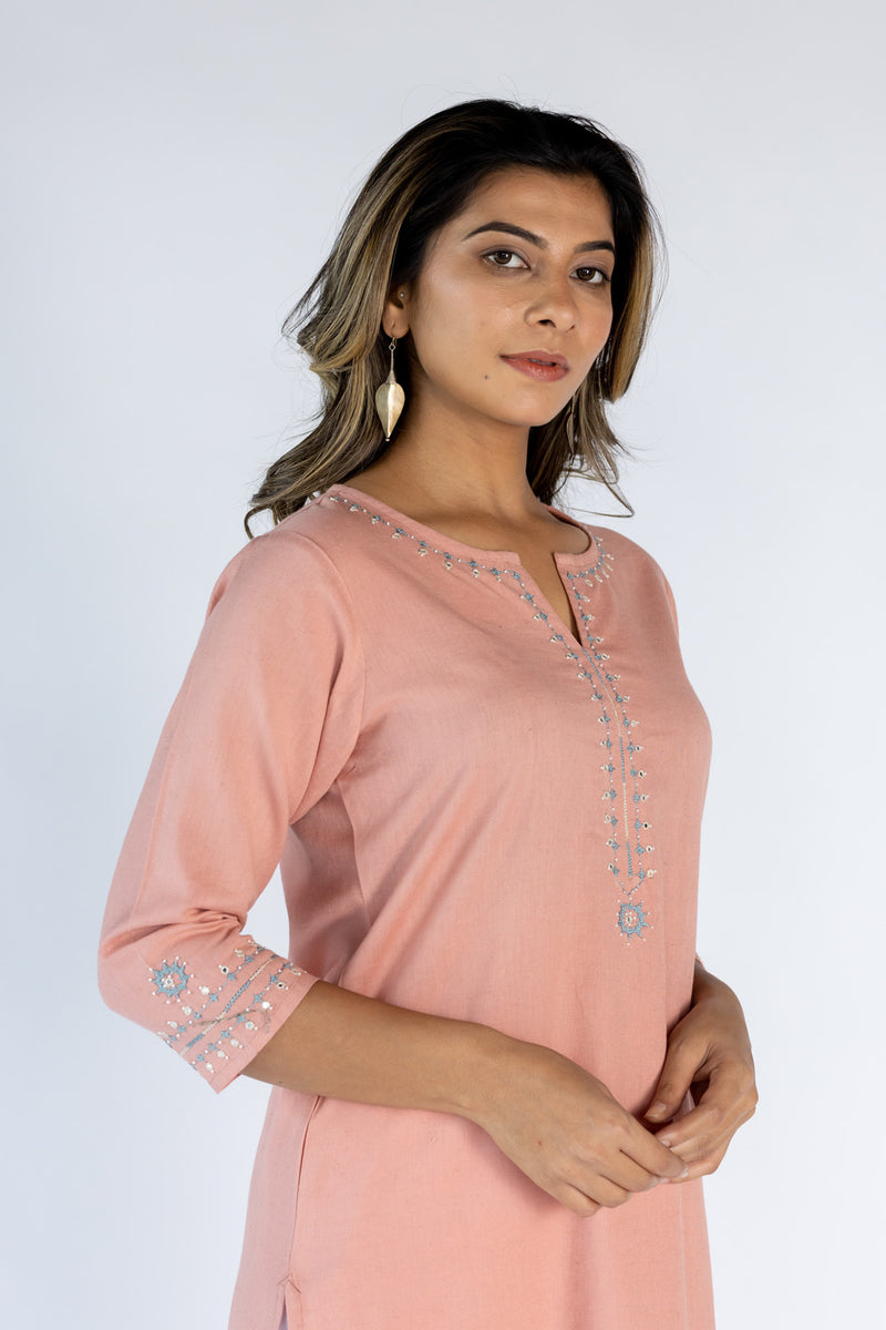 Cotton Hand Embroidered Kurta - Peach