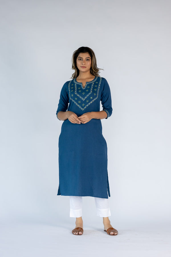 Cotton Hand Embroidered kurta-Blue