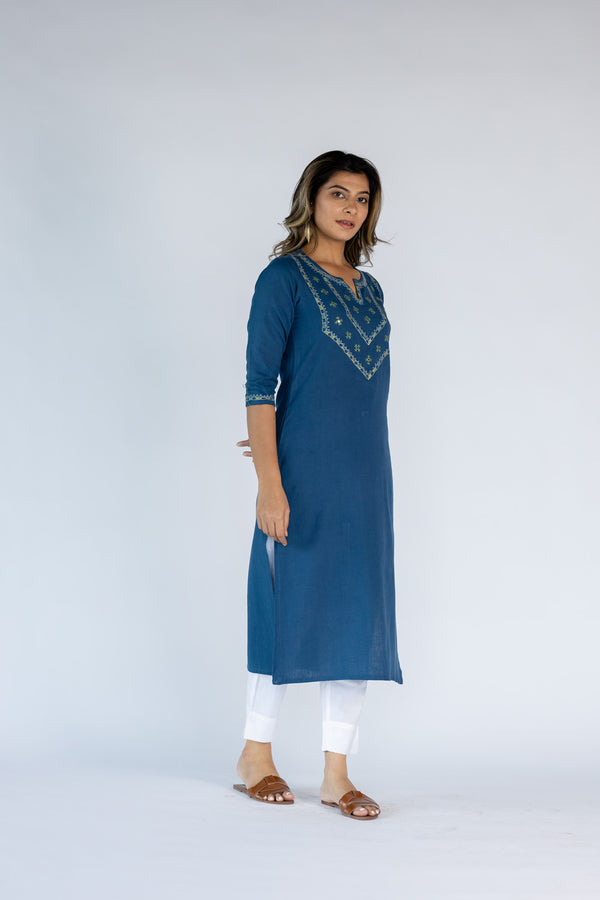 Cotton Hand Embroidered kurta-Blue