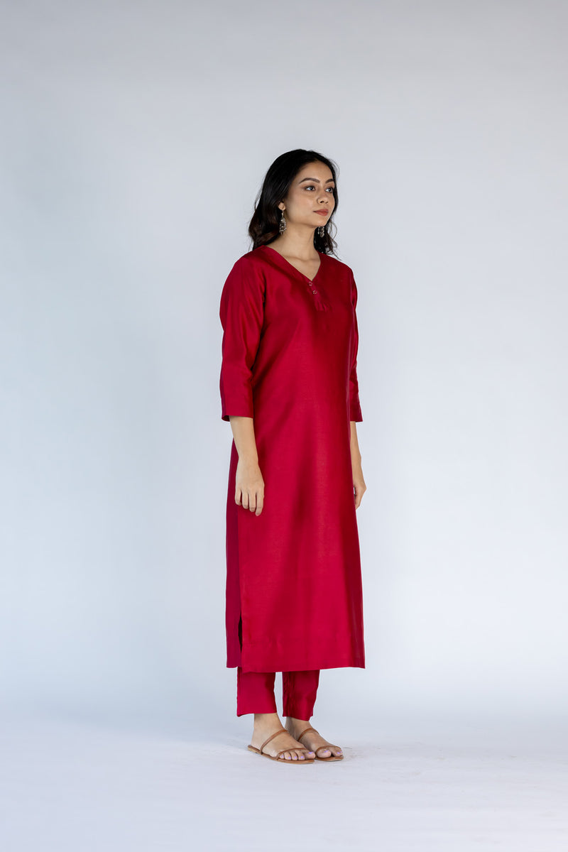 Chanderi Narrow Pant with Drawstring - Rani Pink