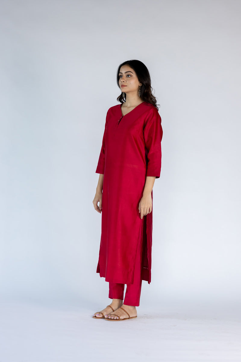 Chanderi V Neck Straight  Kurta - Rani Pink