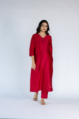 Chanderi V Neck Straight  Kurta - Rani Pink