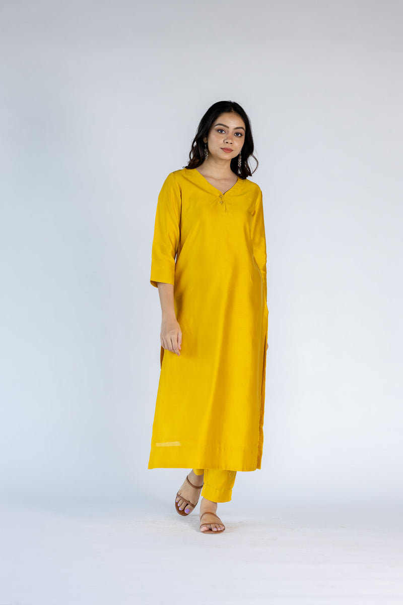 Chanderi V Neck Straight  Kurta-Mustard Yellow