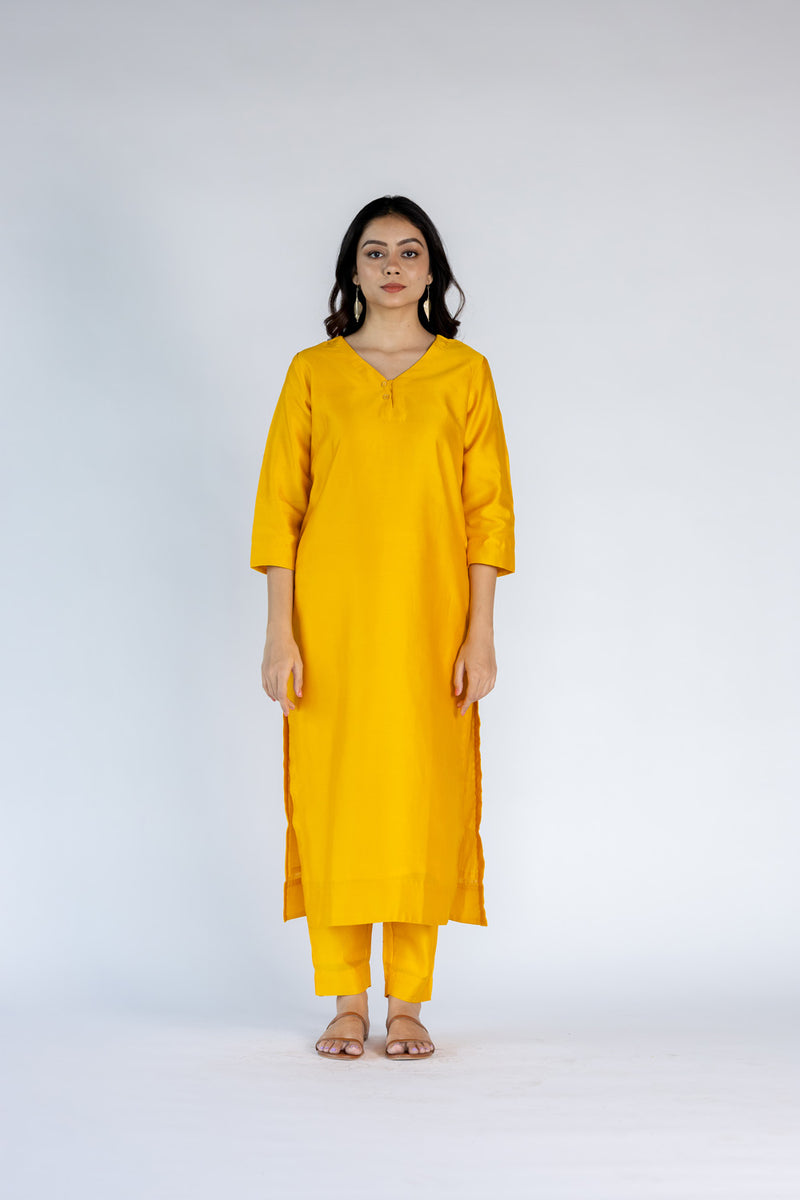 Chanderi V Neck Straight  Kurta-Yellow