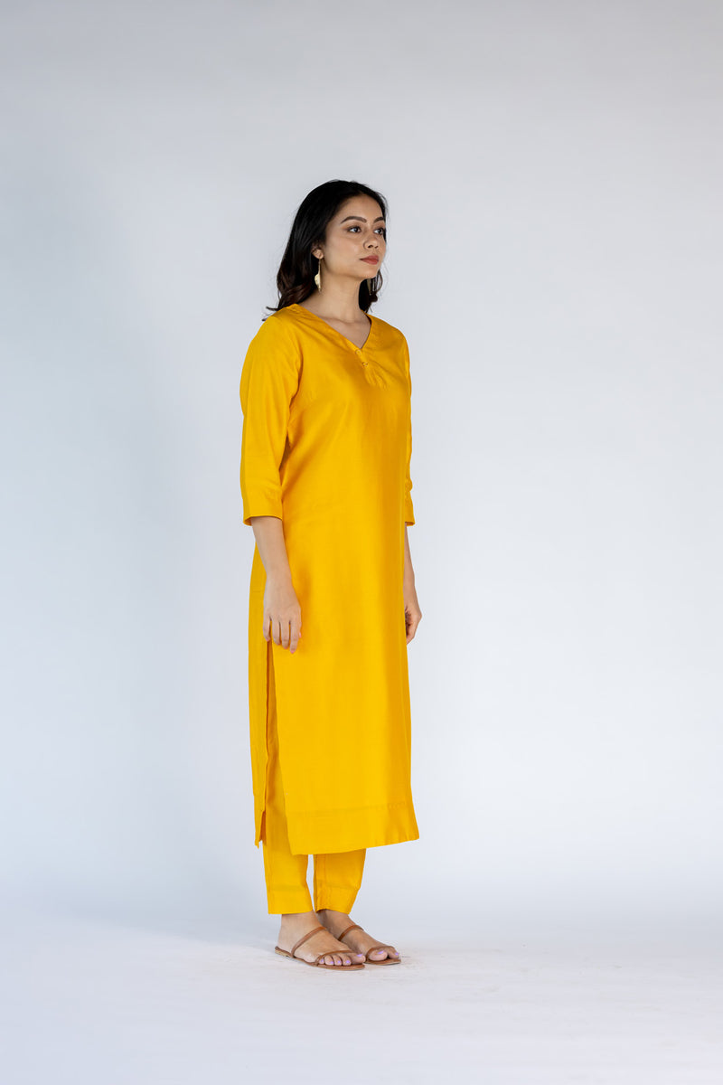 Chanderi V Neck Straight  Kurta-Yellow