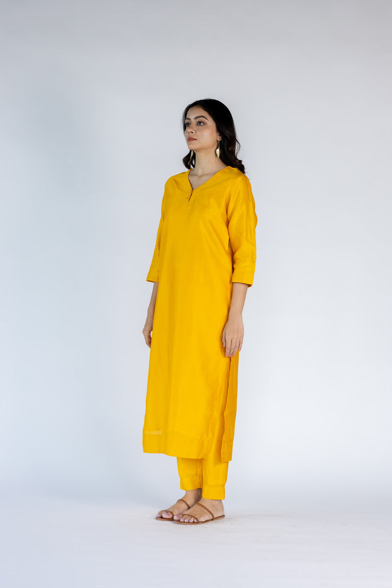 Chanderi V Neck Straight  Kurta-Yellow