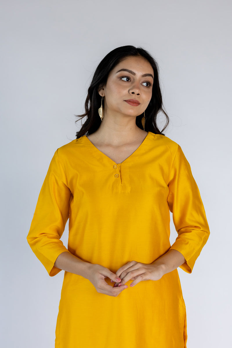 Chanderi V Neck Straight  Kurta-Yellow